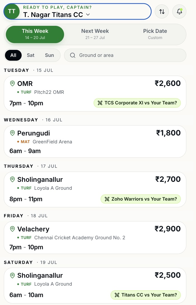 Cricky Team App showing available cricket ground slots for the week